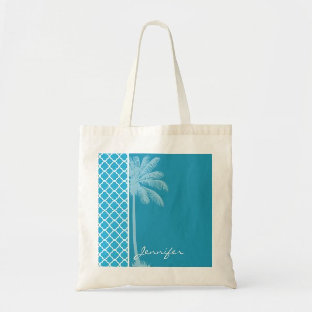 Tote Bag Palmier d'été; Quatrefoil de Cerulean brillant (Devant)