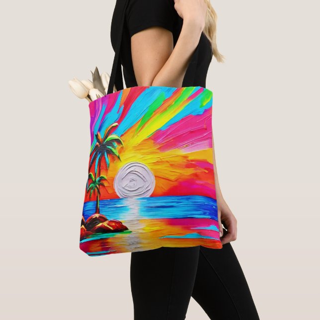 Tote Bag Palmiers et peinture au soleil couchant (De près)