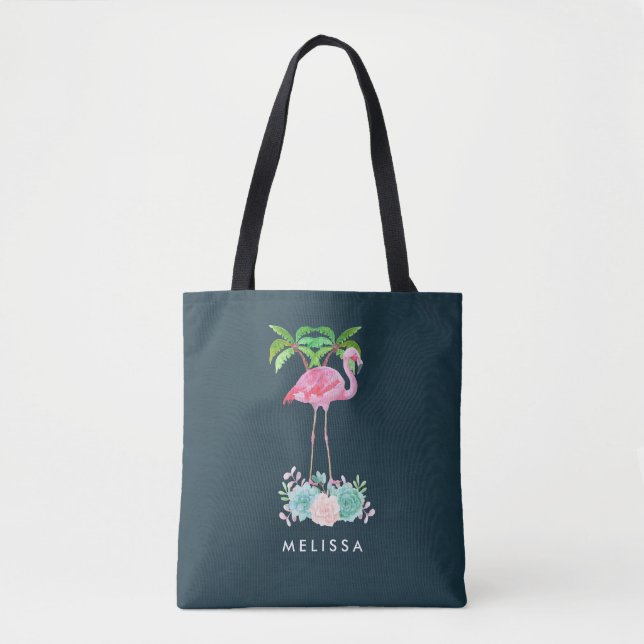Tote Bag Palmiers Flamants roses roses et succulents florau (Devant)