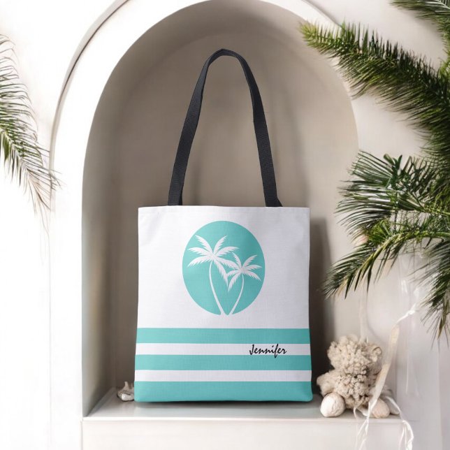 Tote Bag Palmiers tropicaux et bandes avec nom (Personalize with your name or monogram.)