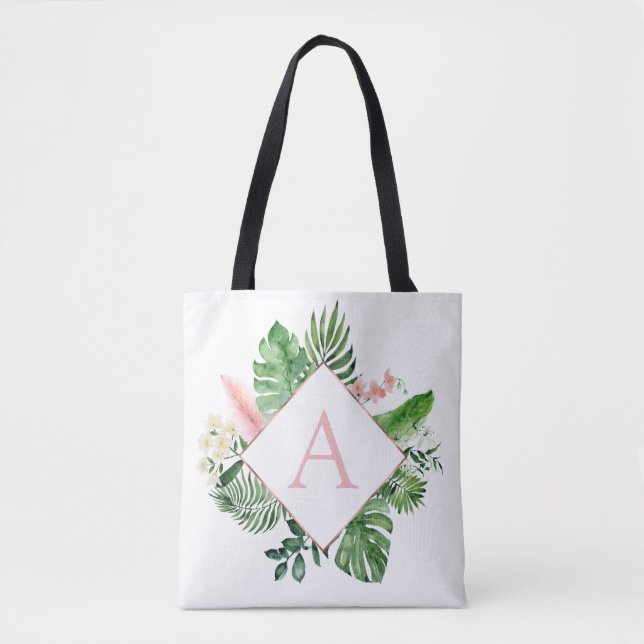 Tote Bag Palmiers tropicaux Mariage rose clair Monogramme (Devant)