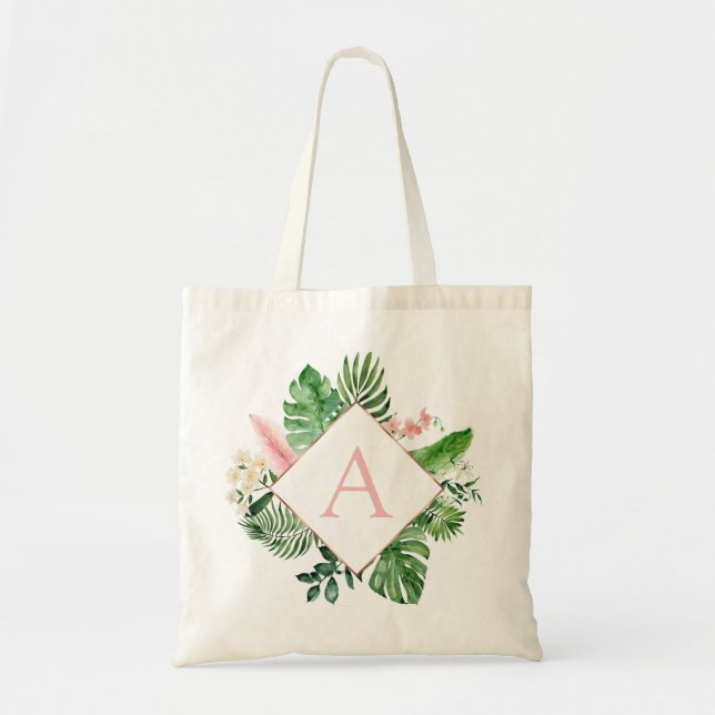 Tote Bag Palmiers tropicaux Mariage rose clair Monogramme (Devant)