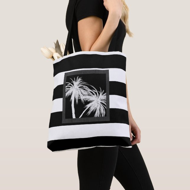 Tote Bag Palmiers tropicaux Noir & Blanc Moderne Chic (De près)