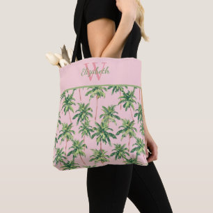 Tote Bag Palmiers Tropicaux sur Monogramme Rose