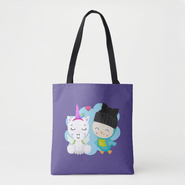 Tote Bag Pals de caricature mignonnes - Bonne licorne et oi (Devant)