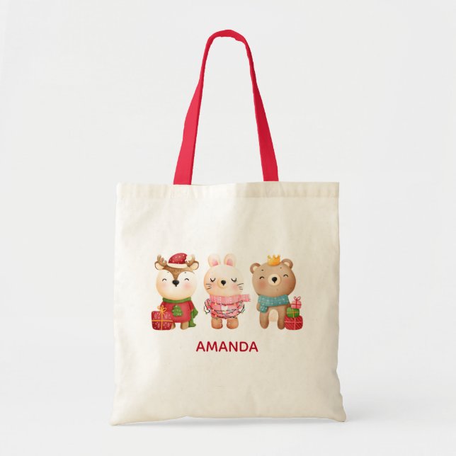 Tote Bag Pals de Noël - Ours de rennes et lapin (Devant)