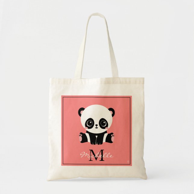 Tote Bag Panda à assise mignonne Monogramme Saumon personna (Devant)