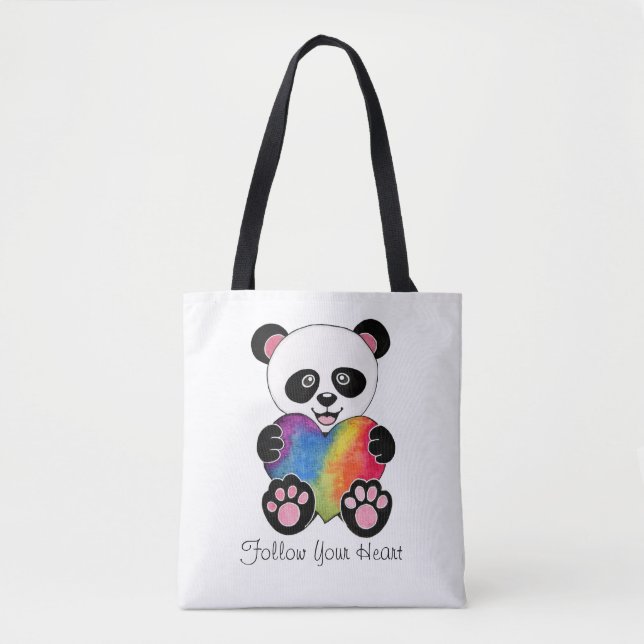 Tote Bag Panda Aquarelle Cute Avec Coeur Arc En Ciel (Devant)