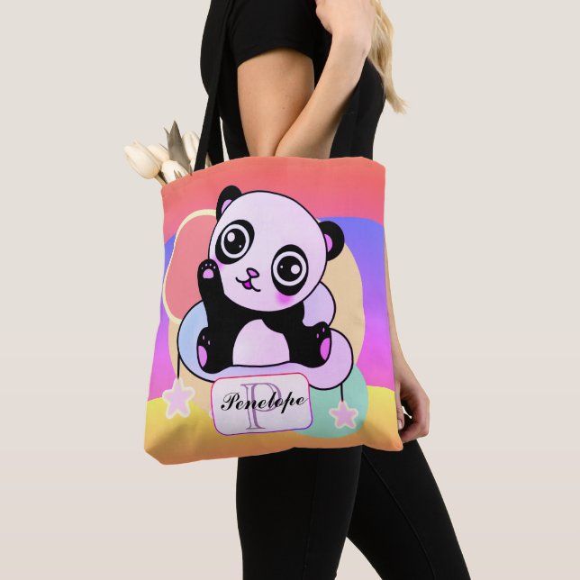 Tote Bag Panda avec Rainbow Pastels sur le nuage (De près)