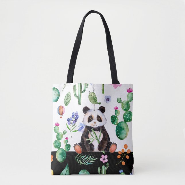 Tote Bag Panda Cute Avec Oiseau Vert Et Motif Cactus (Devant)