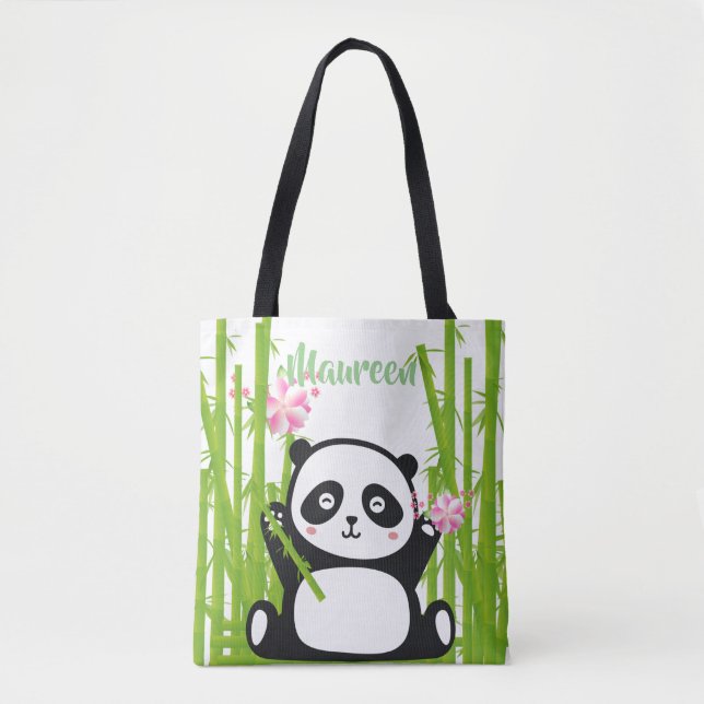 Tote Bag Panda heureux avec bambou et fleurs de cerisiers (Devant)