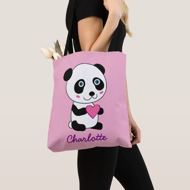 Tote Bag Panda mignonne avec un coeur rose Nom personnalisé (De près)
