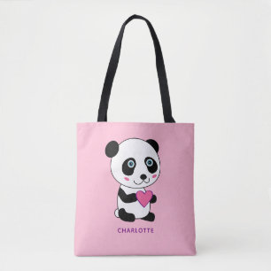 Tote Bag Panda mignonne avec un coeur rose Nom personnalisé