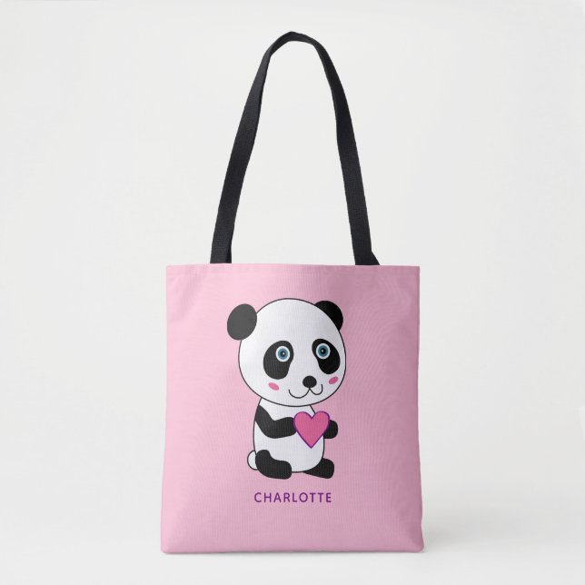 Tote Bag Panda mignonne avec un coeur rose Nom personnalisé (Devant)