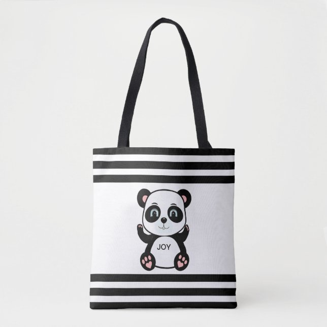 Tote Bag Panda Moderne Rayé Noir et Blanc (Devant)