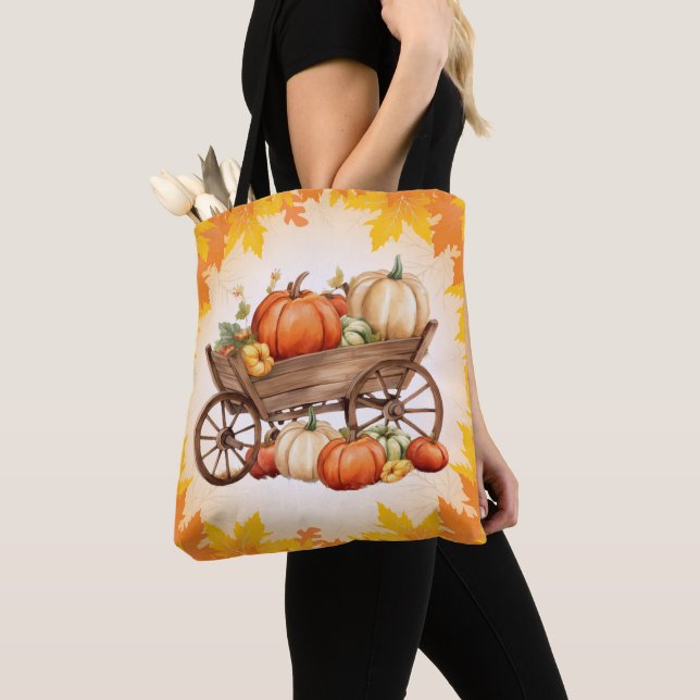 Tote Bag Panier de Citrouille chute feuille frontière Orang (De près)