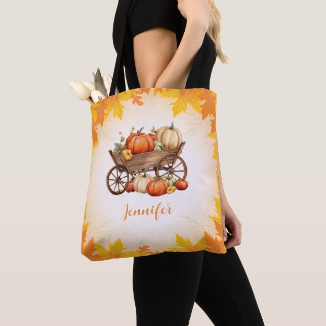 Tote Bag Panier de Citrouille chute feuille frontière Orang (De près)