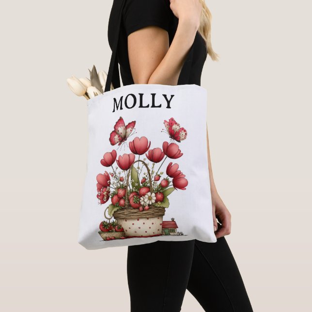 Tote Bag Panier de Fleurs à la Fraise avec Papillons et Nom (De près)