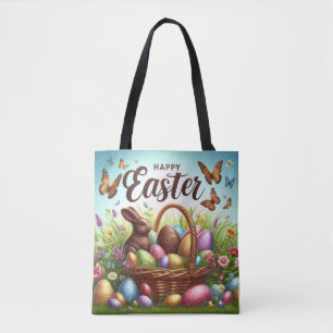 Tote Bag Panier de Pâques coloré, Joyeux avec oeufs