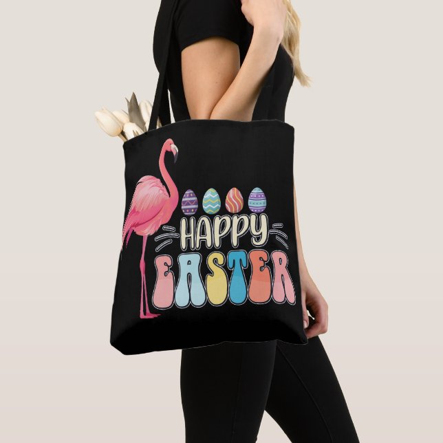 Tote Bag Panier d'oeufs de lapin flamant rose de Pâques (De près)
