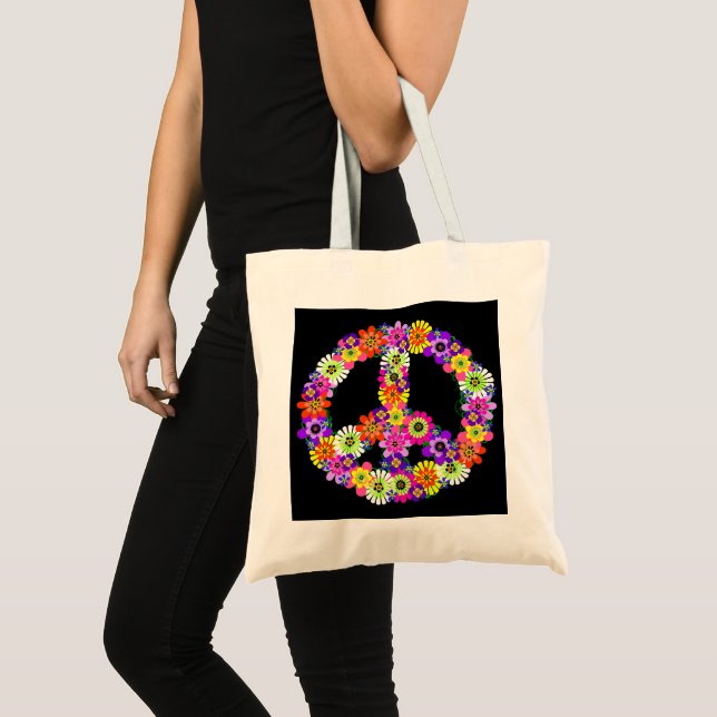 Tote Bag Panneau de Paix Coupe florale sur noir (Devant (produit))