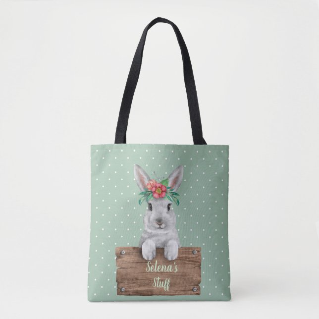 Tote Bag Panneau personnalisé lapin lapin - Pois verts (Devant)