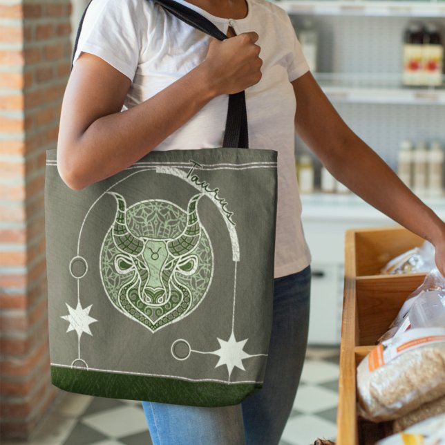 Tote Bag Panneau Zodiac Taurus vert et blanc Mandala (Créateur téléchargé)