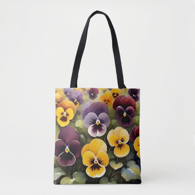 Tote Bag Pansies jaunes et violets aquarelle (Devant)