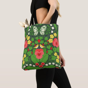 Tote Bag Pansies rouges, oiseaux et papillons