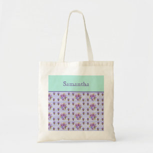 Tote Bag Pansy Flower Aqua Stripe art floral Girls Nom