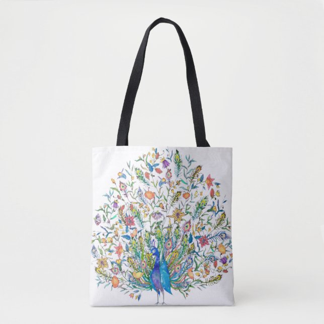 Tote Bag Paon floral aquarelle  (Devant)