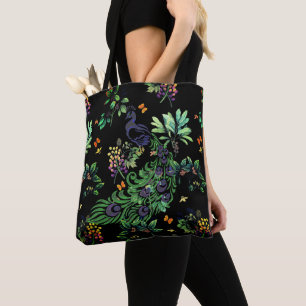 Tote Bag Paon Orné et Floral Vintage