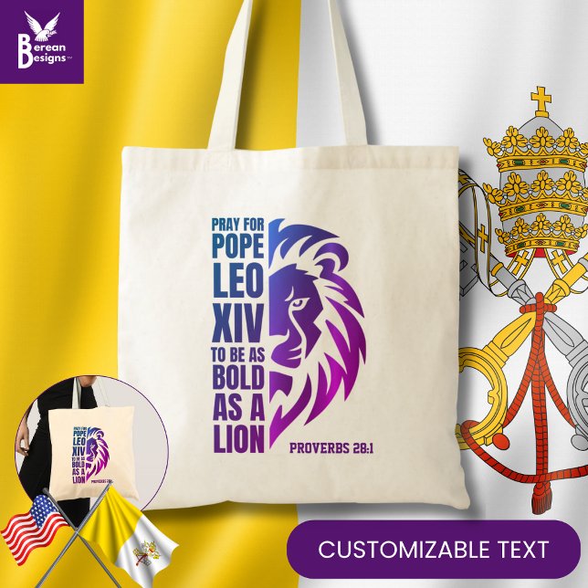 Tote Bag PAPE LEO XIV Prière Gras Lion chrétien (Celebrate the new pope w/ this PRAY FOR POPE LEO XIV bag w/ CUSTOMIZABLE TEXT. Great gift)