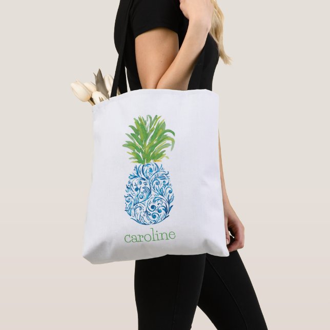 Tote Bag Papier aquarelle personnalisé avec ananas en style (De près)