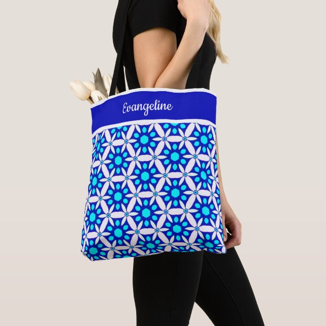 Tote Bag Papier bleu blanc floral (De près)