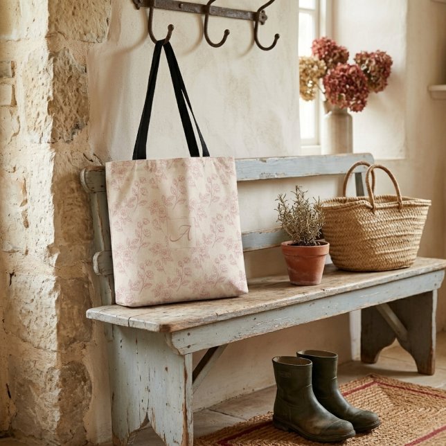 Tote Bag Papier Chintz Monogramme Rose Rouge Élégant  (Créateur téléchargé)