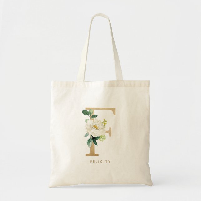 Tote Bag Papier Floral Lettre F Monogramme Or Demoiselle d' (Devant)