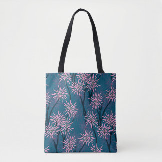 Tote Bag Papier peint floral : bleu marine asiatique, rose.