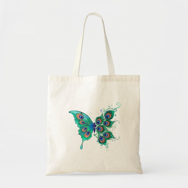 Tote Bag Papillon aux plumes de paon vert (Devant)