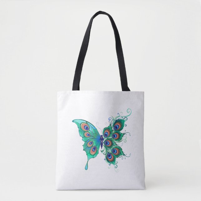 Tote Bag Papillon aux plumes de paon vert (Devant)