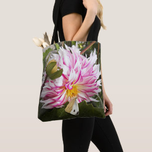 Tote Bag Papillon blanc au chou sur Dahlia rose floral