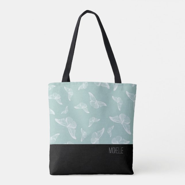 Tote Bag Papillon blanc pâle Noir fond avec nom (Dos)