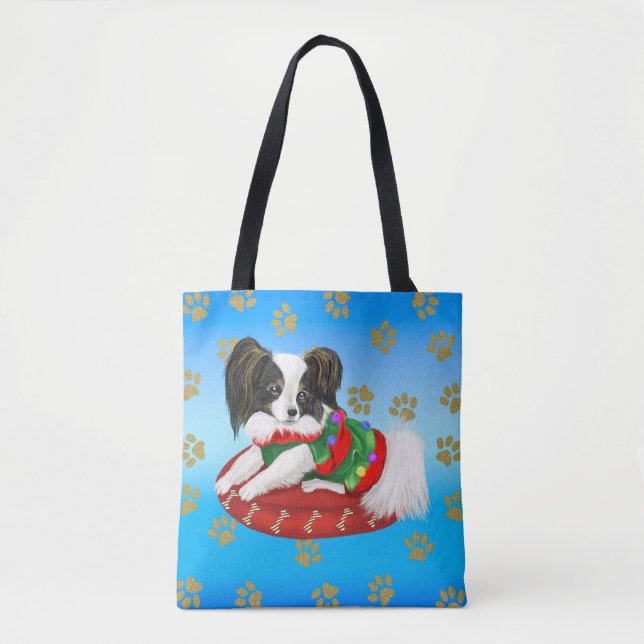 Tote Bag Papillon Chiot avec robe de Noël verte et rouge (Devant)