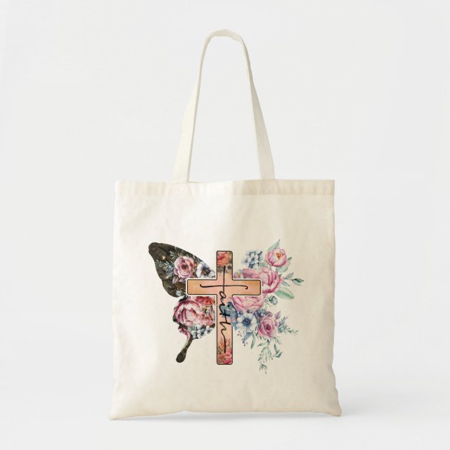 Tote Bag Papillon Croix Foi floral (Devant)
