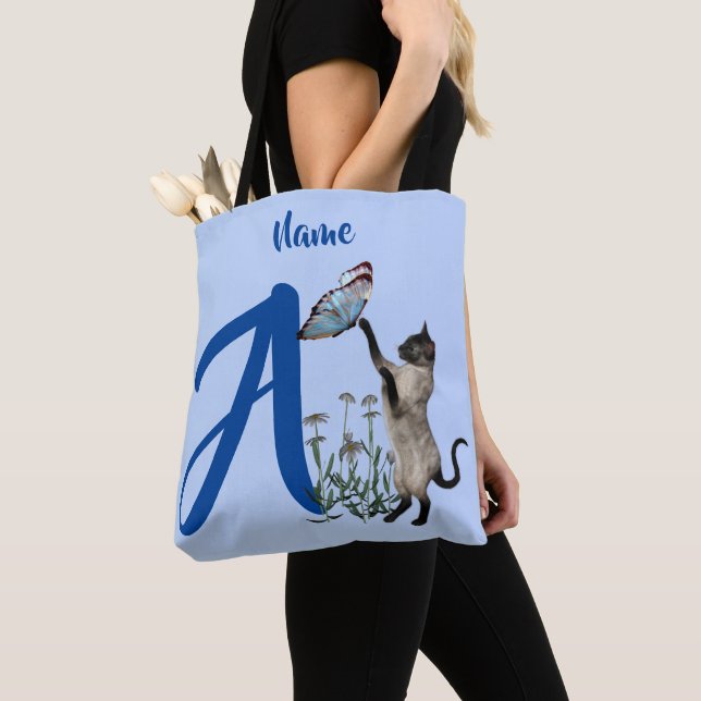 Tote Bag Papillon de chat siamois Monogramme Initiale A Vot (De près)
