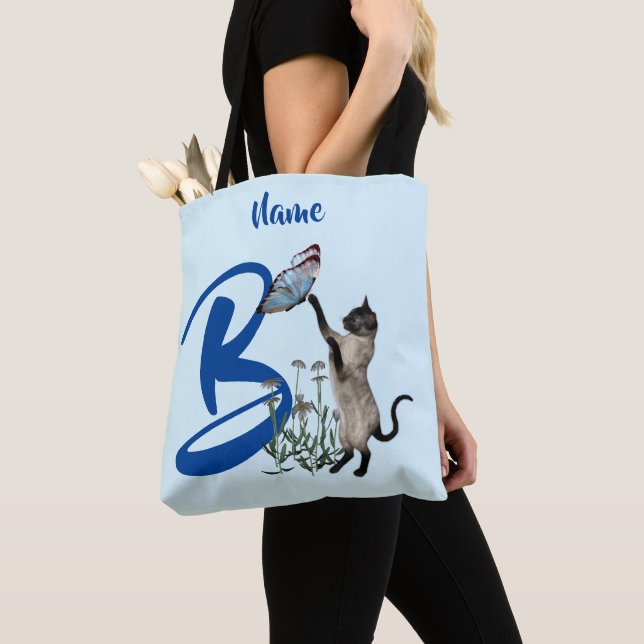 Tote Bag Papillon de chat siamois Monogramme Initiale B Nom (De près)