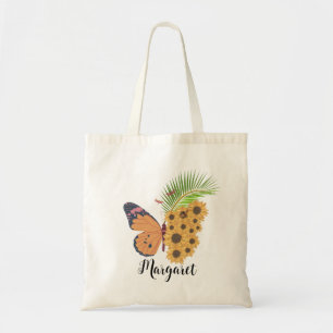 Tote Bag Papillon de tournesol jaune Nom personnalisé