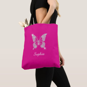 Tote Bag Papillon Diamant Blanc, Nom du script, Fuchsia