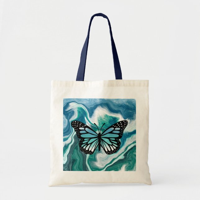 Tote Bag Papillon en marbre turquoise turquoise et bleu (Devant)
