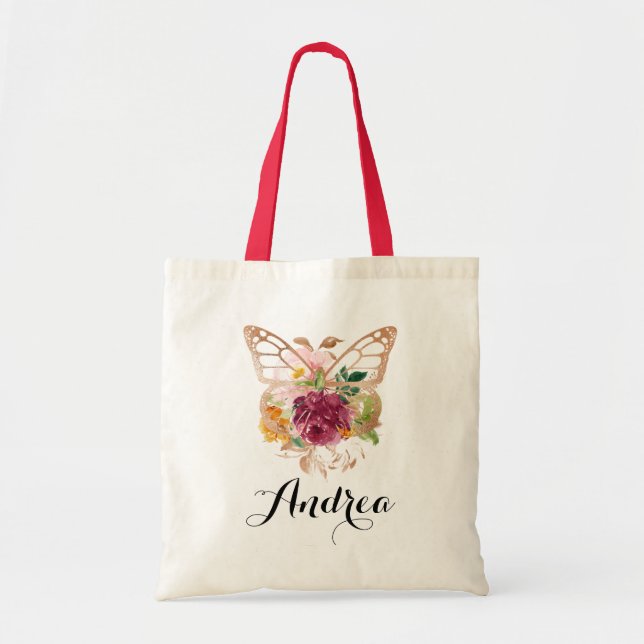 Tote Bag Papillon et fleurs aquarelle boho et demoiselle d' (Devant)